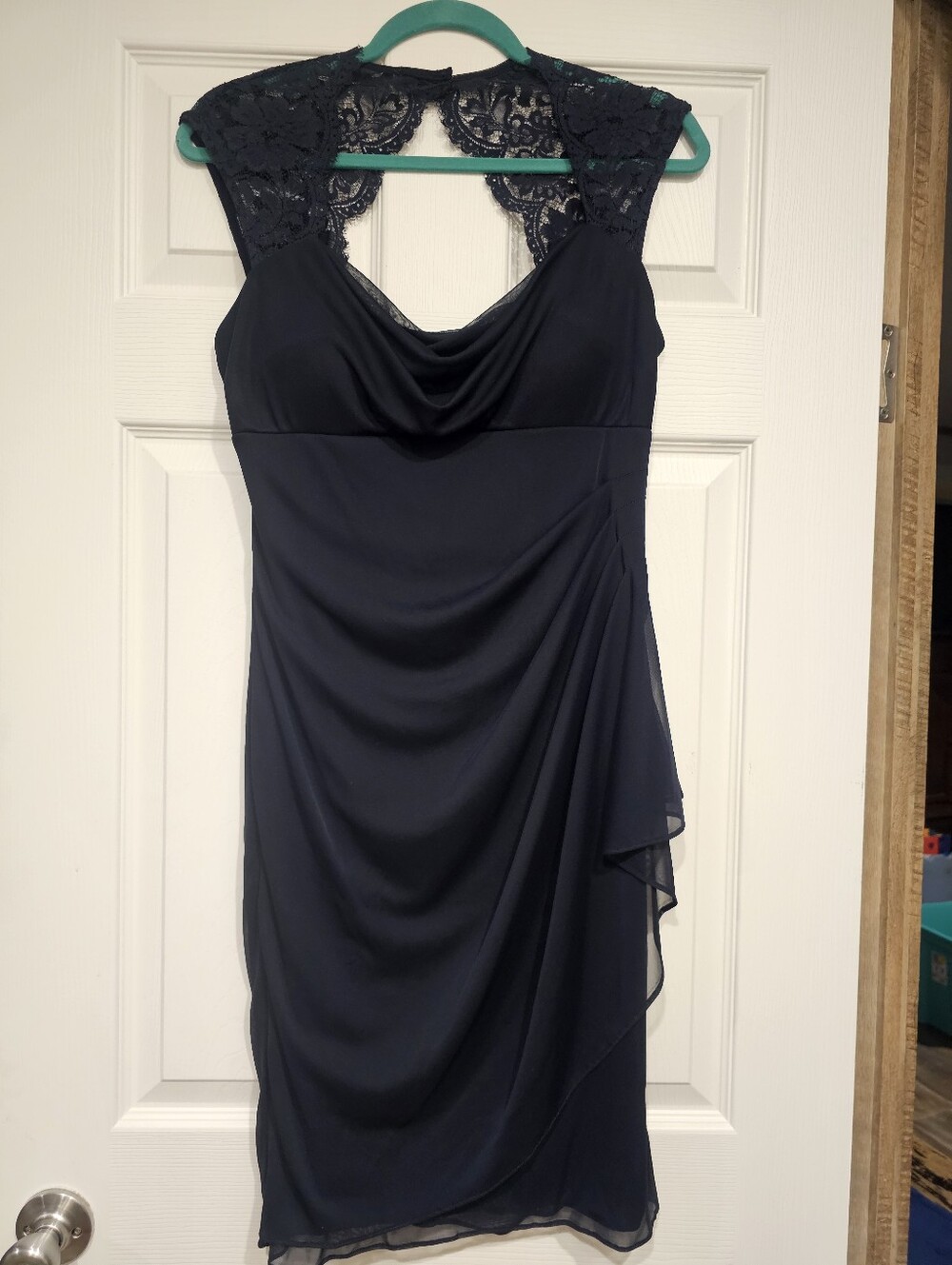 Xscape Navy Lace-Shoulder Draped Midi Dress
